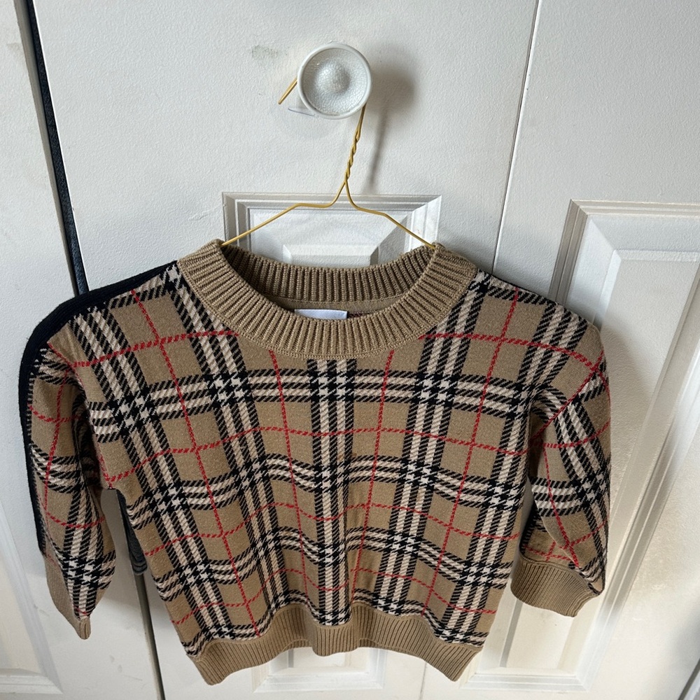 Burberry Beige Plaid Crewneck Sweater with Black & Red Accents